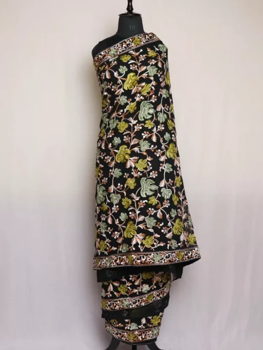 Black Sabz Chinari Kashmiri Saree | Georgette With Aari Embroidery