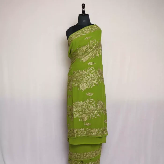 Green Kashmiri Saree | Georgette Indian Saree With Aari Kadai