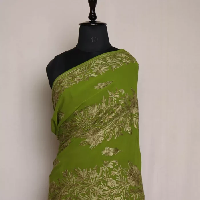 Green Kashmiri Saree | Georgette Indian Saree With Aari Kadai - Image 2