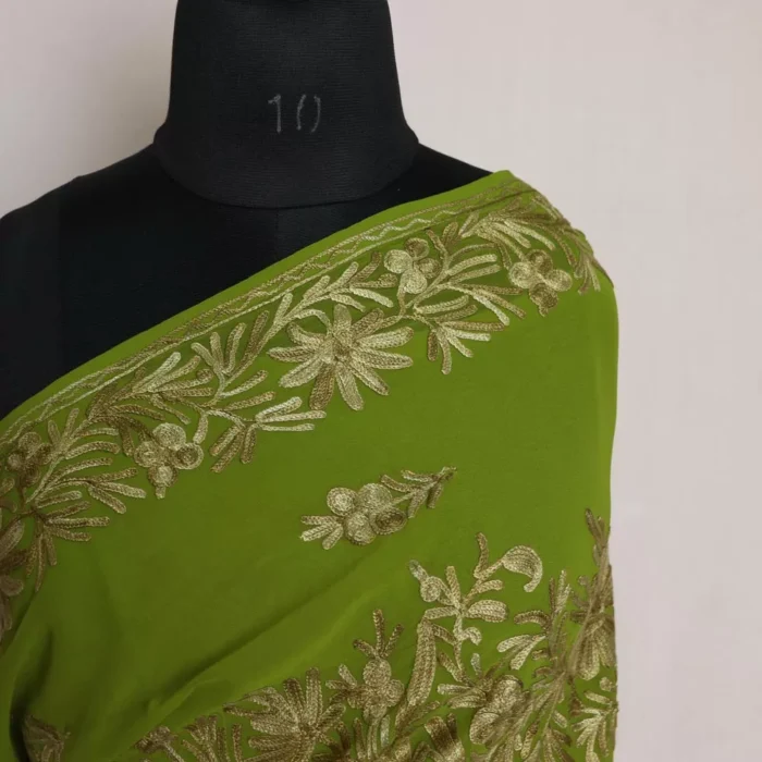 Green Kashmiri Saree | Georgette Indian Saree With Aari Kadai - Image 3