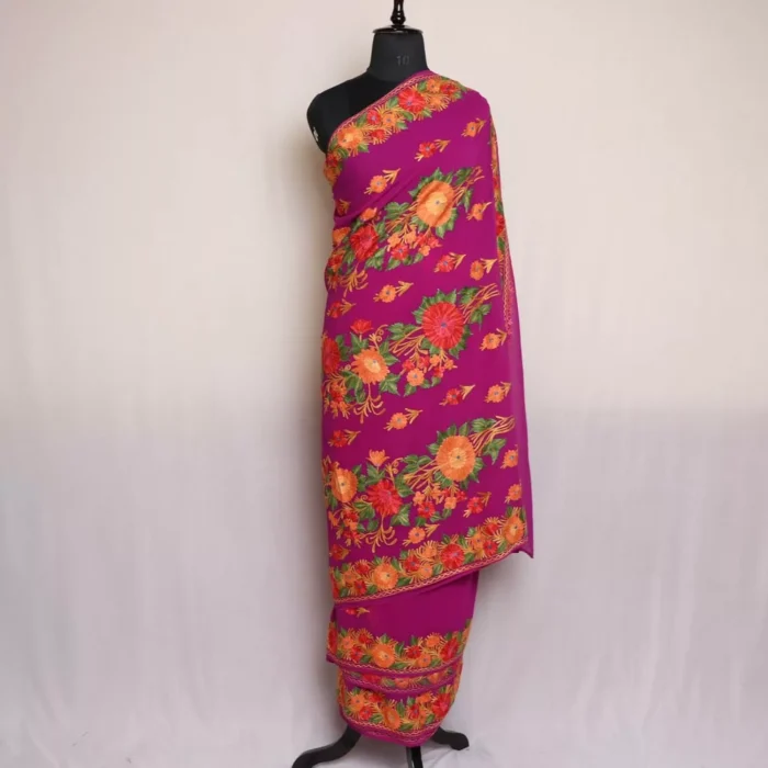 Purple Floral Kashmiri Saree | Georgette Indian Saree With Aari Kadai