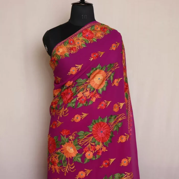 Purple Floral Kashmiri Saree | Georgette Indian Saree With Aari Kadai - Image 2