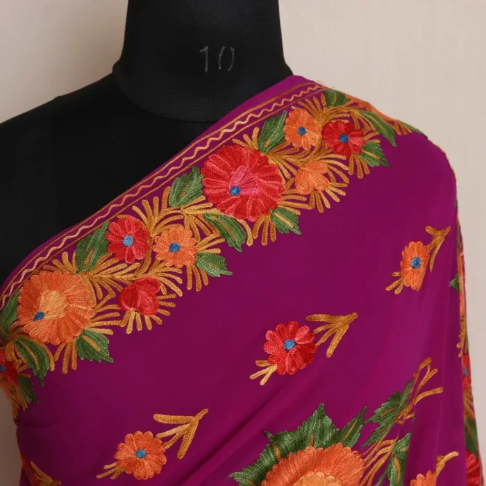 Purple Floral Kashmiri Saree | Georgette Indian Saree With Aari Kadai - Image 3