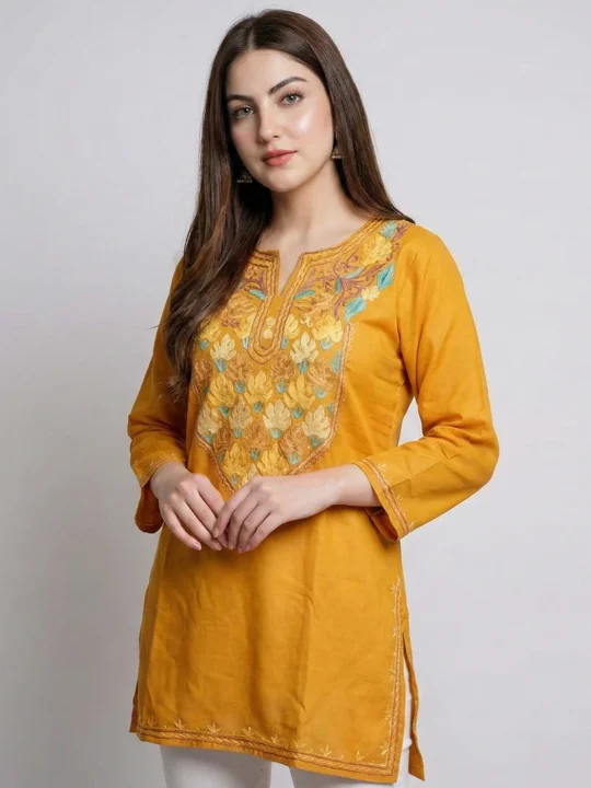 Mustard Chinari Short Ruby Cotton Kurta with Aari Embroidery