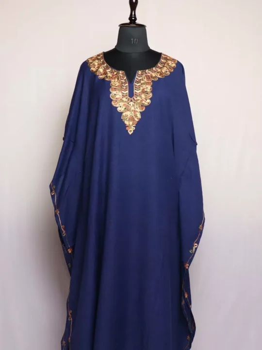 Dark Blue Kashmiri Kaftan – Aari Embroidered Crush Cotton