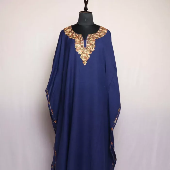 Dark Blue Kashmiri Kaftan – Aari Embroidered Crush Cotton