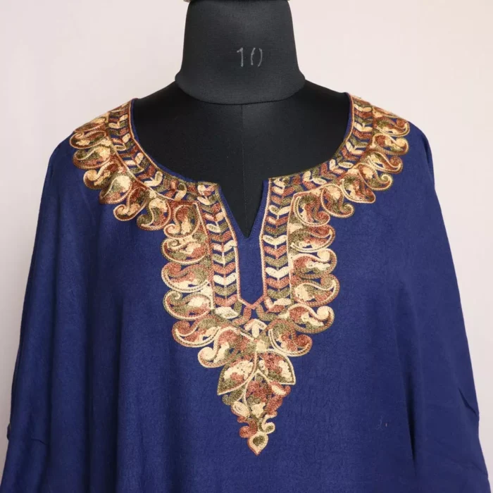 Dark Blue Kashmiri Kaftan – Aari Embroidered Crush Cotton - Image 2