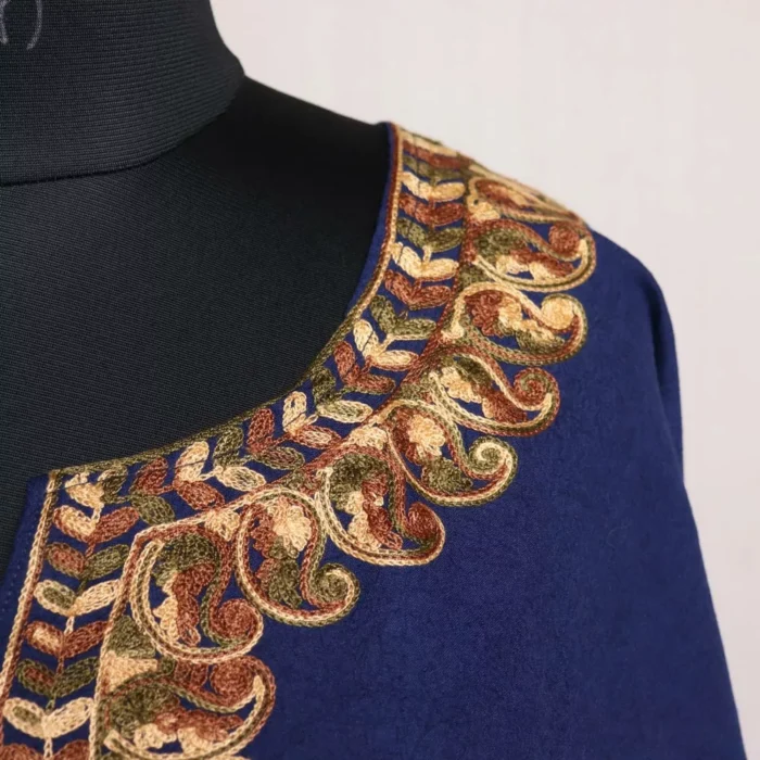 Dark Blue Kashmiri Kaftan – Aari Embroidered Crush Cotton - Image 3