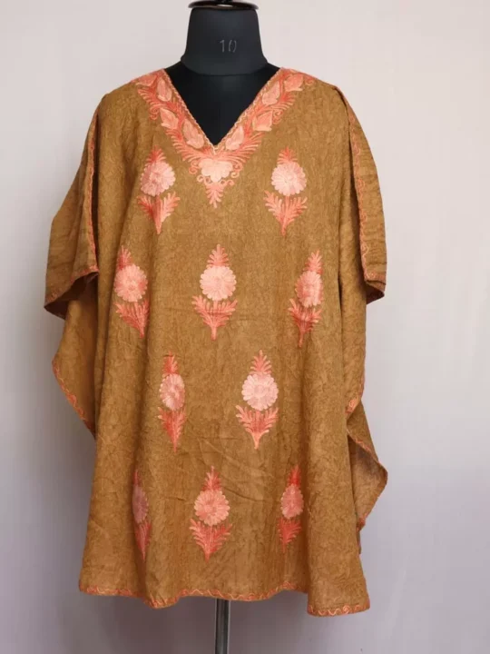 Kashmiri Short Kaftan – Floral Aari Embroidered Brown Crush Cotton