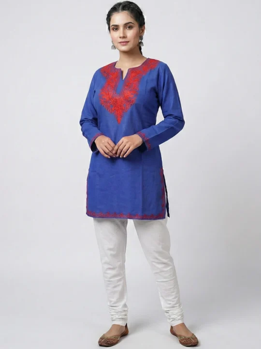 Dark Blue Short Ruby Cotton Kashmiri Kurta with Aari Embroidery