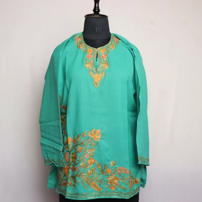 Green Short Summer cool Cotton Kurta with Aari Embroidery