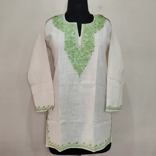 Off-White Short Ruby Cotton Kurta with Aari Embroidery