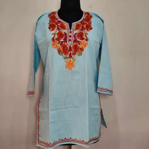 Light Green Short Ruby Cotton Kurta with Aari Embroidery