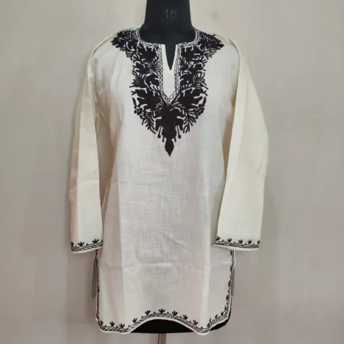 White Black Short Ruby Cotton Kurta with Black Aari Embroidery (B44)