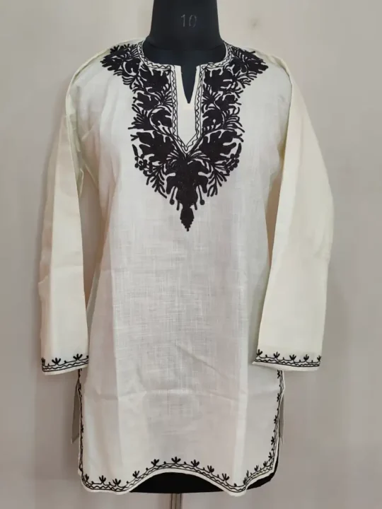 White Black Short Ruby Cotton Kurta with Black Aari Embroidery (B44)