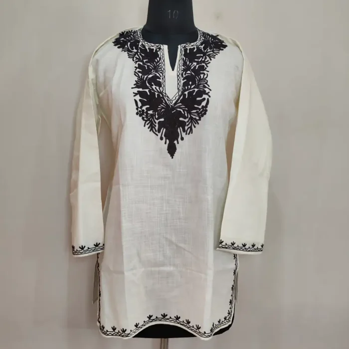 White Black Short Ruby Cotton Kurta with Black Aari Embroidery (B44)