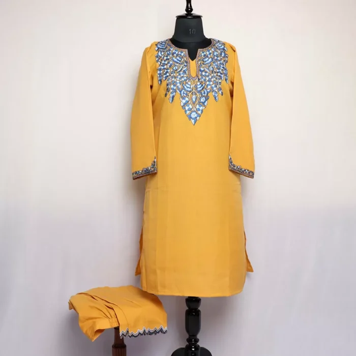Yellow Kashmiri Sozni Handwork Cotton Co-ord Set