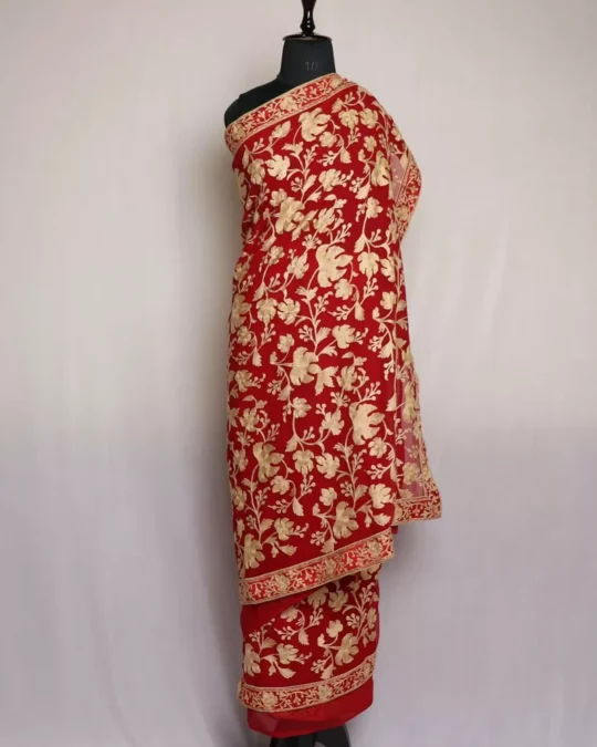 Maroon Chinar Georgette Kashmiri Saree With Aari Embroidery