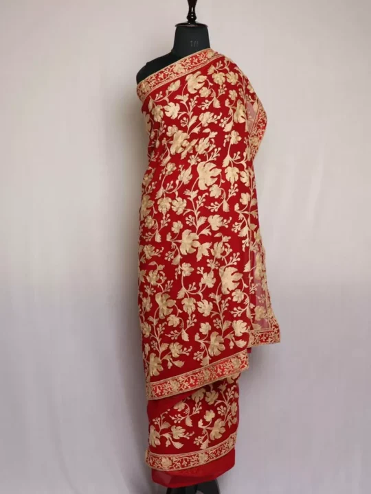 Maroon Chinar Georgette Kashmiri Saree With Aari Embroidery