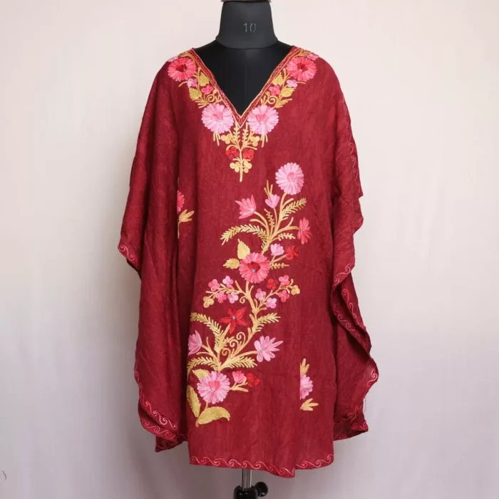 Kashmiri Short Kaftan – Floral Aari Embroidered Maroon Crush Cotton