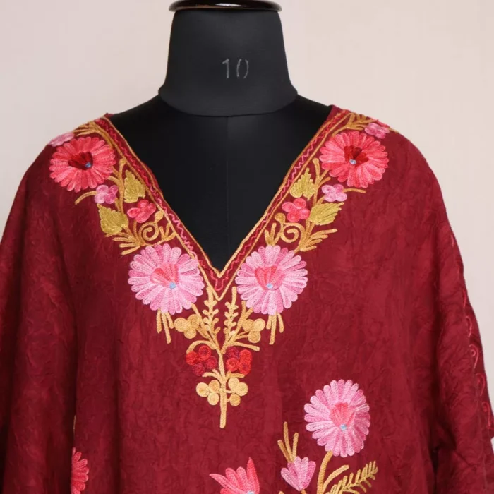 Kashmiri Short Kaftan – Floral Aari Embroidered Maroon Crush Cotton - Image 2