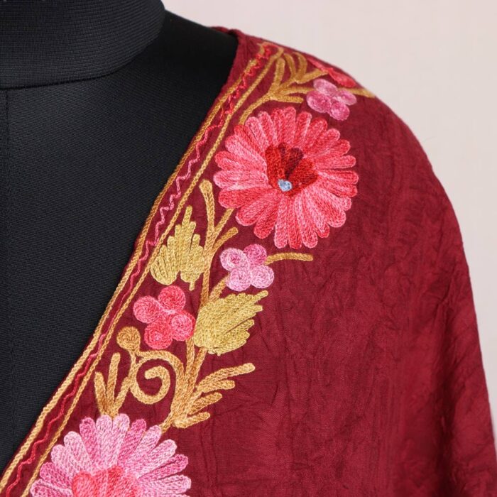 Kashmiri Short Kaftan – Floral Aari Embroidered Maroon Crush Cotton - Image 3