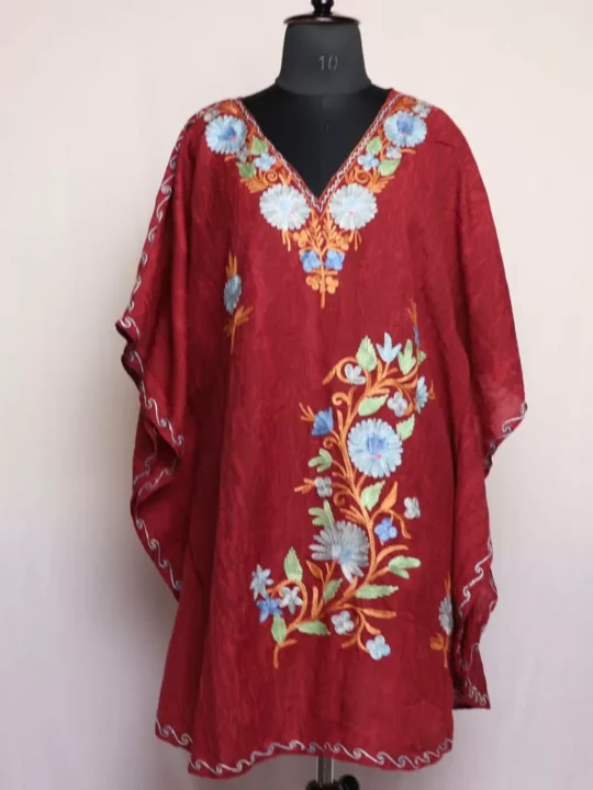 Kashmiri Short Kaftan – Aari Embroidered Maroon Crush Cotton