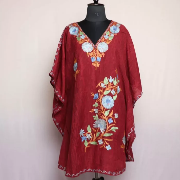 Kashmiri Short Kaftan – Aari Embroidered Maroon Crush Cotton