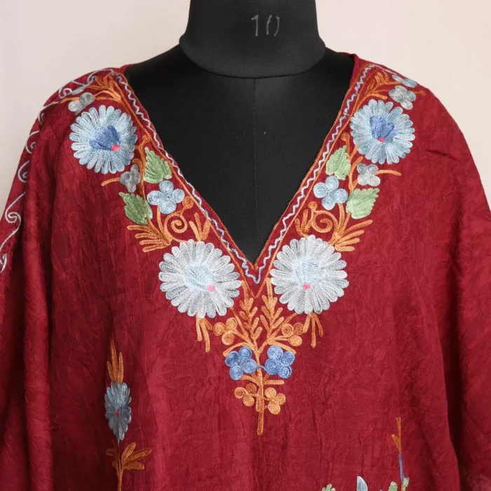 Kashmiri Short Kaftan – Aari Embroidered Maroon Crush Cotton - Image 2