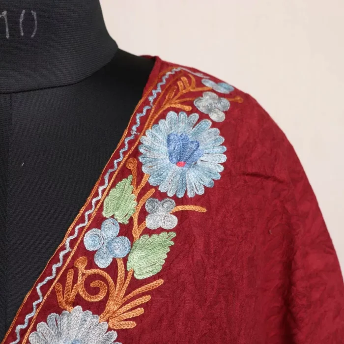 Kashmiri Short Kaftan – Aari Embroidered Maroon Crush Cotton - Image 3