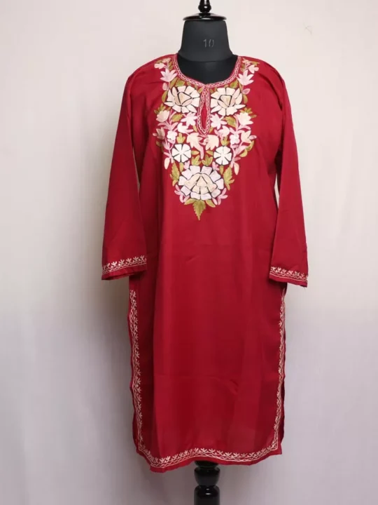 Maroon Floral Cotton Kashmiri Kurta with Aari Embroidery