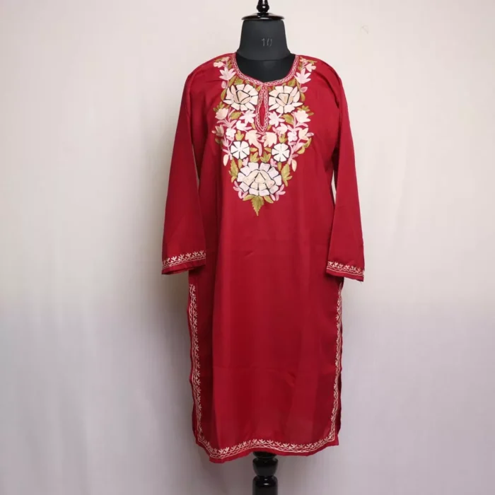 Maroon Floral Cotton Kashmiri Kurta with Aari Embroidery