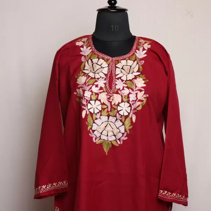 Maroon Floral Cotton Kashmiri Kurta with Aari Embroidery - Image 2