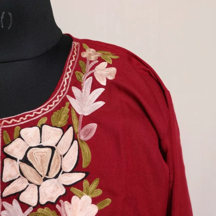 Maroon Floral Cotton Kashmiri Kurta with Aari Embroidery - Image 3