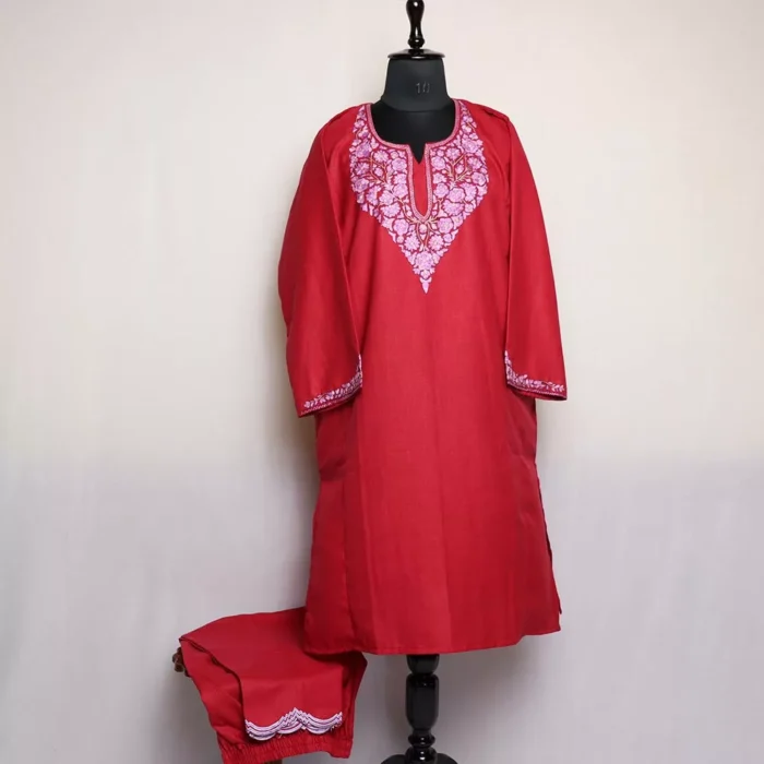 Maroon Kashmiri Sozni Handwork Cotton Pheran Set