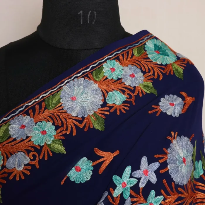 Kashmiri Saree Navy Blue Georgette With Aari Embroidery - Image 3
