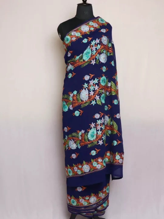 Kashmiri Saree Navy Blue Georgette With Aari Embroidery