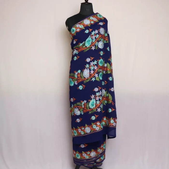 Kashmiri Saree Navy Blue Georgette With Aari Embroidery