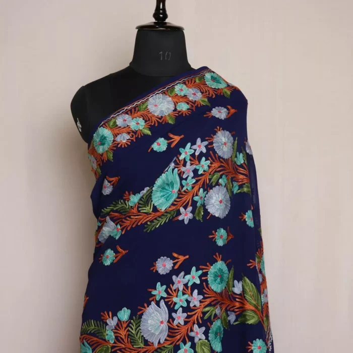Kashmiri Saree Navy Blue Georgette With Aari Embroidery - Image 2
