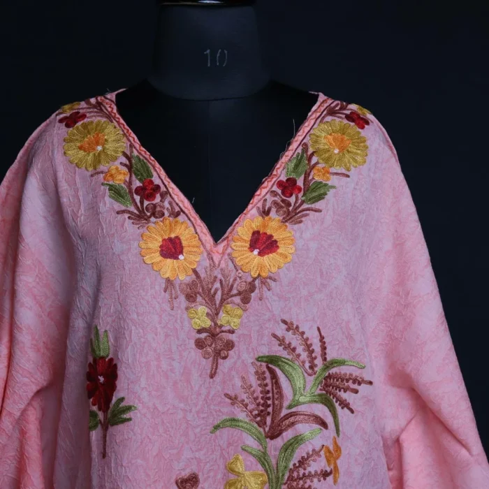Kashmiri Short Kaftan – Aari Embroidered Pink Crush Cotton - Image 2