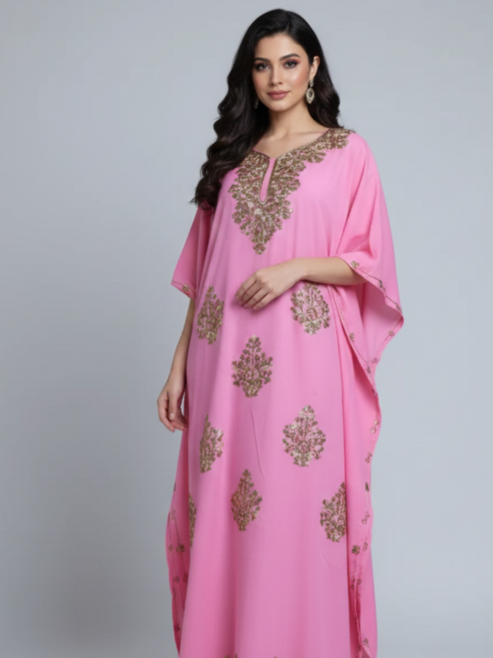 Pink Kaftan With Aari Embroidery