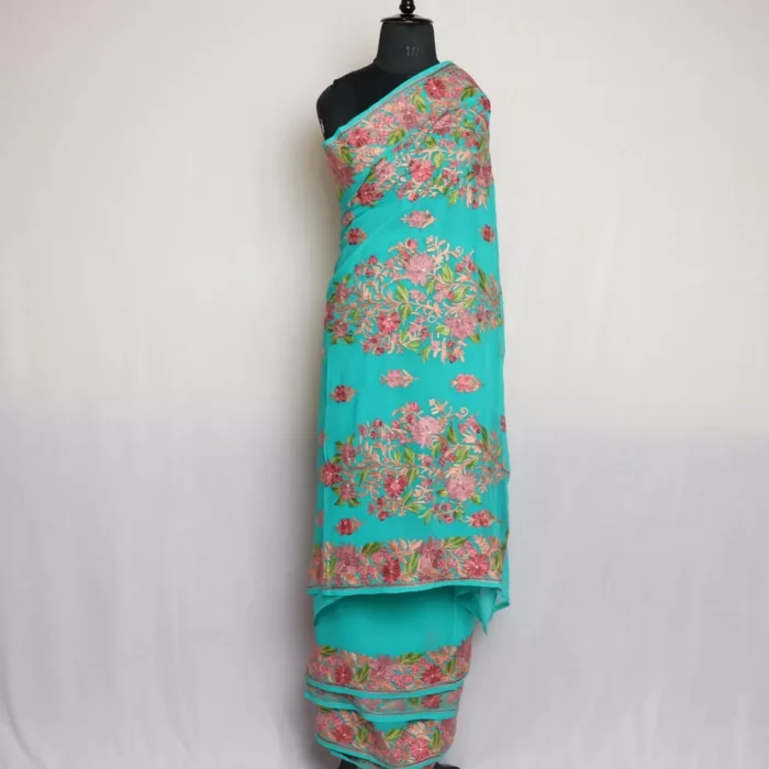 Sea Green Kashmiri Saree | Georgette With Aari Embroidery