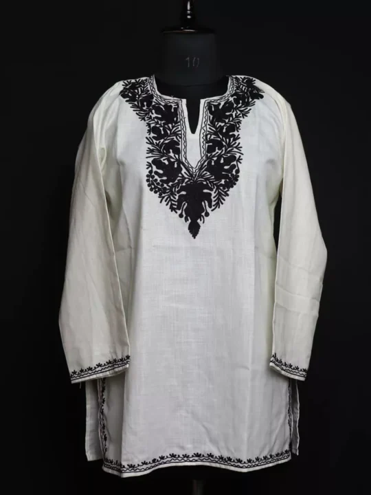 White Short Ruby Cotton Kurta with Black Aari Embroidery