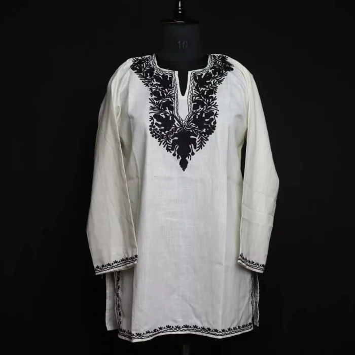 White Short Ruby Cotton Kurta with Black Aari Embroidery