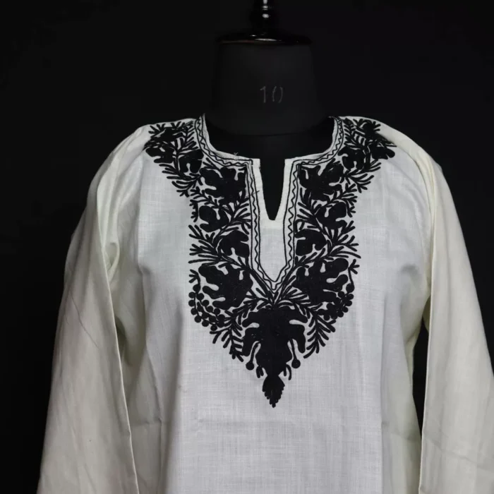 White Short Ruby Cotton Kurta with Black Aari Embroidery - Image 2