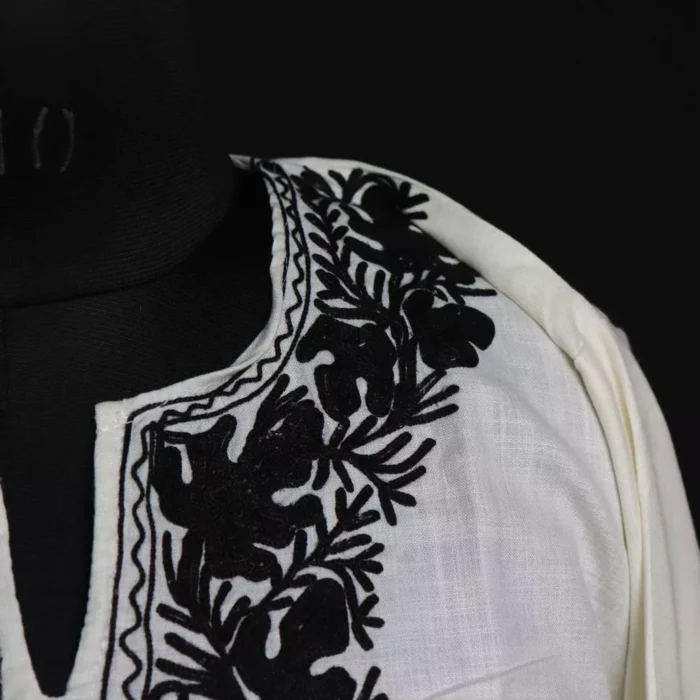 White Short Ruby Cotton Kurta with Black Aari Embroidery - Image 3