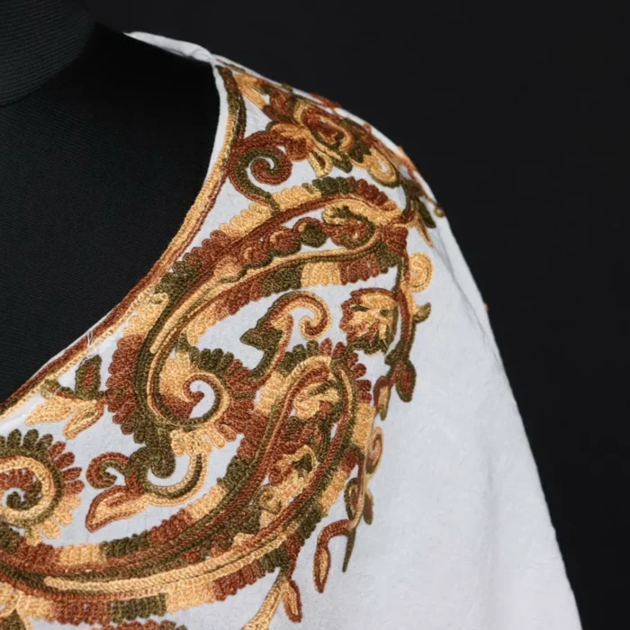 White Kaftan with Brown and Greenish Aari Embroidery - Image 3