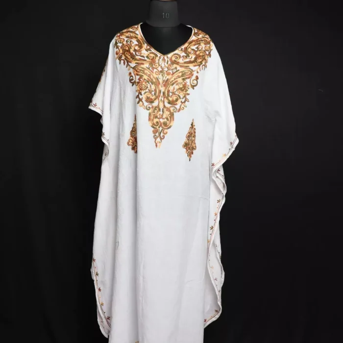 White Kaftan with Brown and Greenish Aari Embroidery