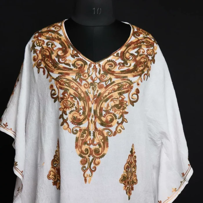 White Kaftan with Brown and Greenish Aari Embroidery - Image 2