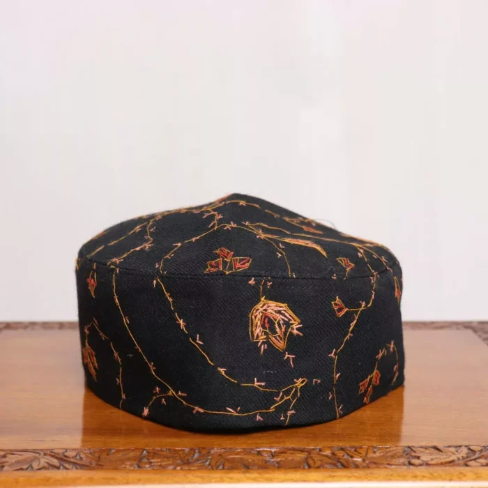 Black Sozni Cap with Red and Yellow Embroidery